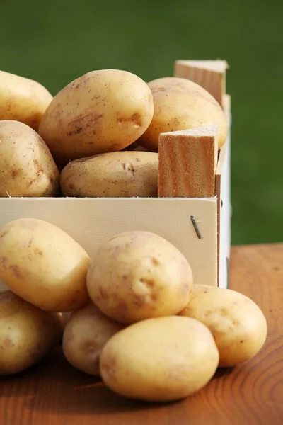 Raw potatoes on wooden table in the garden — Stock Photo, Image