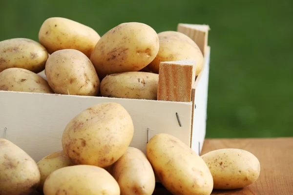 Сырой картофель в деревянной коробке — стоковое фото