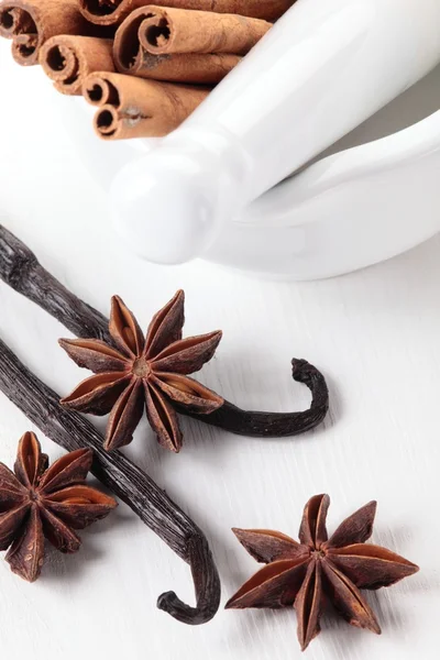 Vanilla beans, anise stars, cinnamon sticks in mortar. — Stock Photo, Image