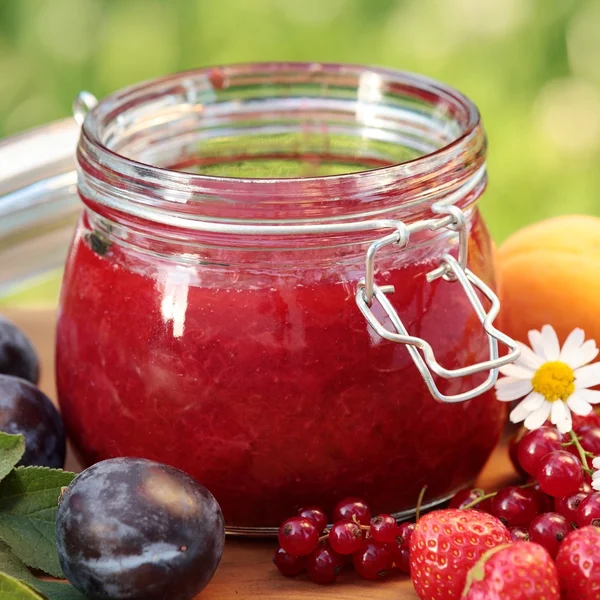 Frasco com compota fresca e frutas no jardim — Fotografia de Stock