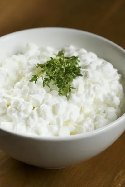 Cottage cheese in a bowl and cress — Stock Photo, Image