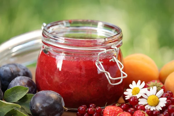 Vaso con marmellata fresca e frutta in giardino — Foto Stock