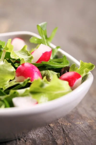 Bowl with various lettuce leaves and radishes — Stock Photo, Image