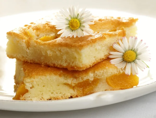 Tarta de frutas con flores de durazno y margarita — Foto de Stock