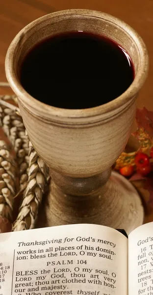Biblia abierta y cáliz con vino — Foto de Stock