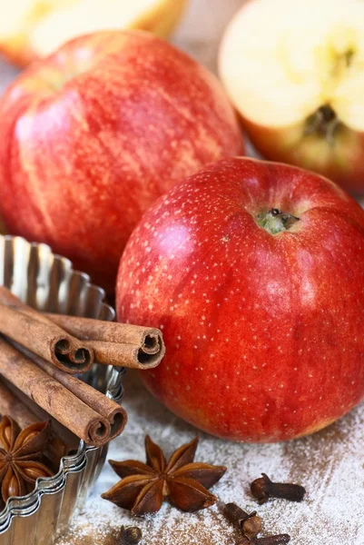 Apples, cinnamon, anise and clove with baking tin. — Stock Photo, Image