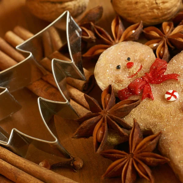 Nueces, especias, cortador de galletas y decoración de Navidad —  Fotos de Stock