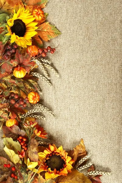 Sunflower, autumn leaves and fruits on burlap background — Stock Photo, Image