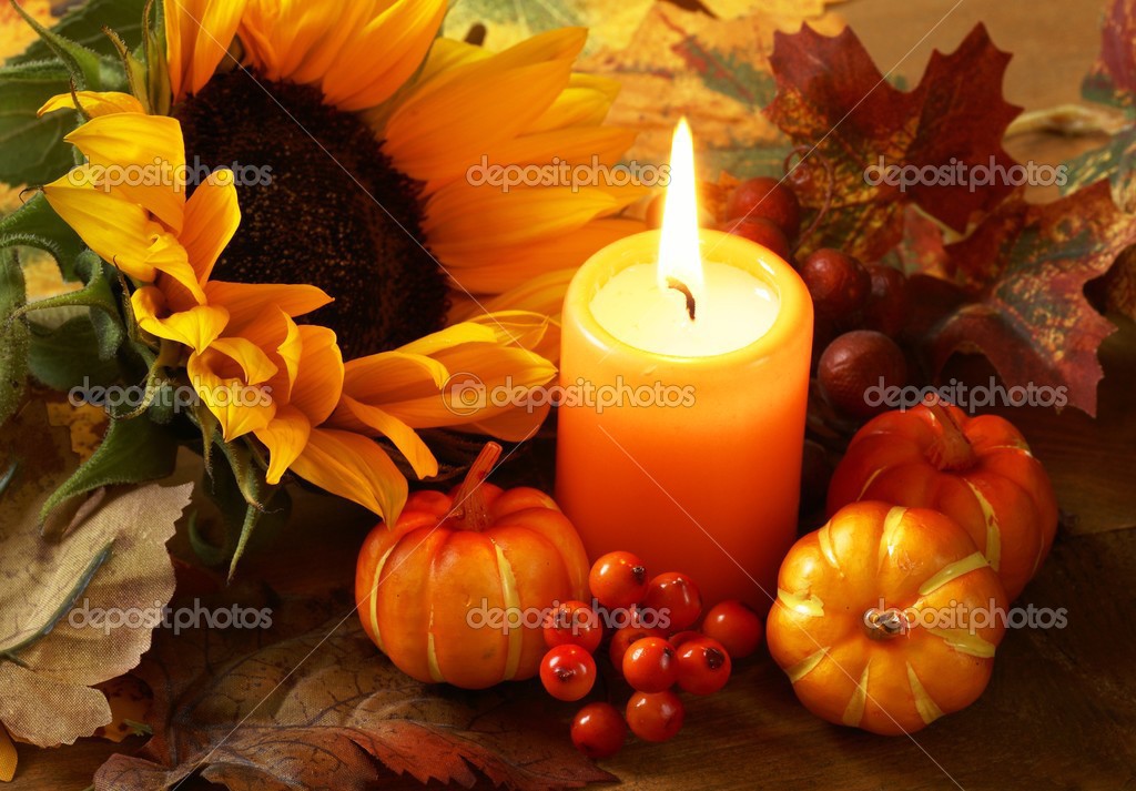 Download Arrangement of sunflower, candle and autumn decorations — Stock Photo Arrangement of sunflower, candle and autumn decorations — Stock Photo