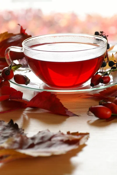 Tazza di tè di rosa canina di frutto e foglie di autunno e frutta su un tavolo — Foto Stock