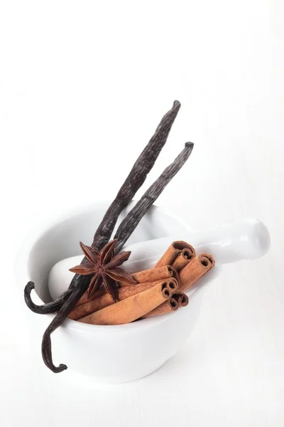 Vanilla beans, anise star, cinnamon sticks in mortar. — Stock Photo, Image