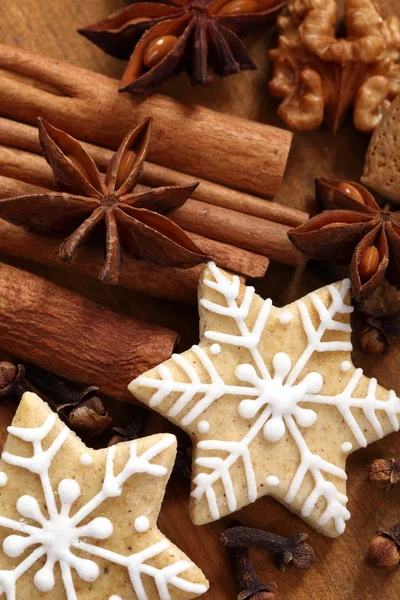 Gingerbread yıldız, baharatlar ve ceviz — Stok fotoğraf