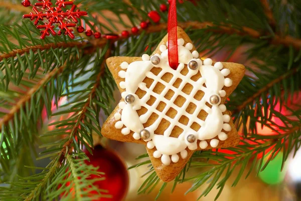 Christmas gingerbread decoration on a tree — Stock Photo, Image