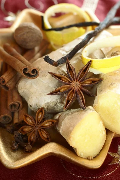 Ginger, anise stars, cinnamon sticks, nutmeg, clove, vanilla beans — Stock Photo, Image