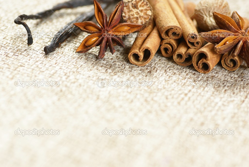Cinnamon sticks, anise stars, nutmegs and vanilla beans
