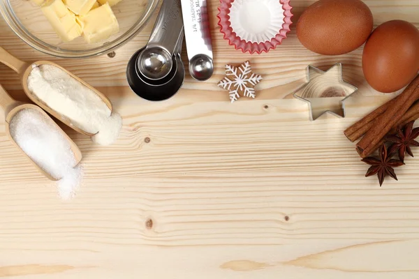 Baking utensils, flour, sugar, eggs, spices — Stock Photo, Image