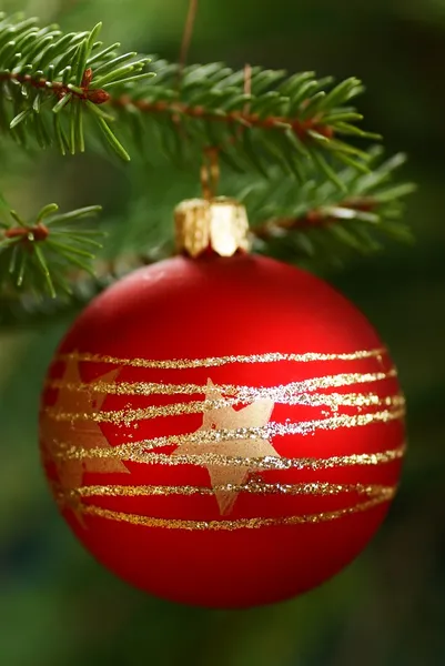 Roter Schmuck mit am Weihnachtsbaum. — Stockfoto