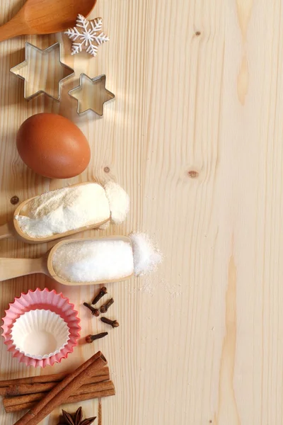 Baking utensils, flour, sugar, eggs, spices — Stock Photo, Image