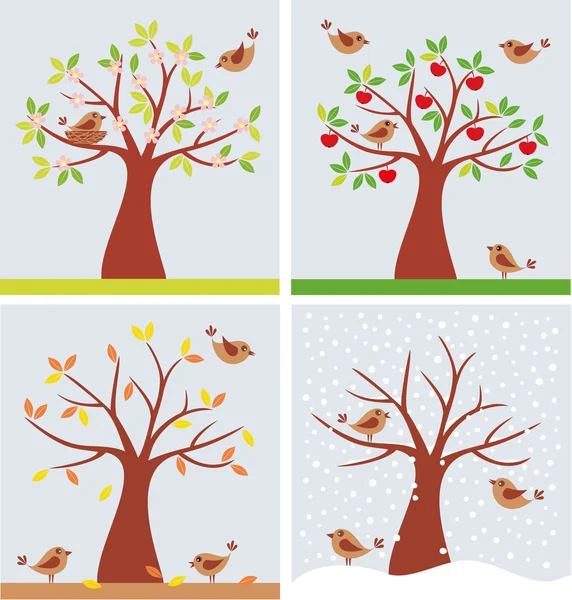 树和可爱的小鸟 — 图库矢量图片