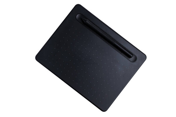 Black graphics tablet. Isolate on a white background. Close-up. top view. Copy space
