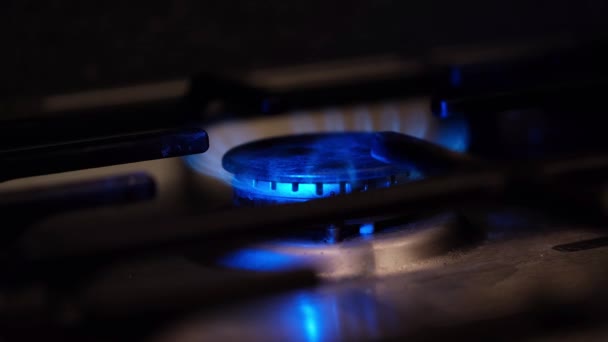 Close Burning Gas Stove Burner Turning Gas — Video Stock