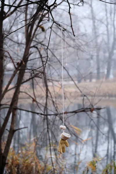 Ein Kinderhandschuh Mit Bommeln Hängt Auf Einem Verschwommenen Natürlichen Hintergrund — Stockfoto