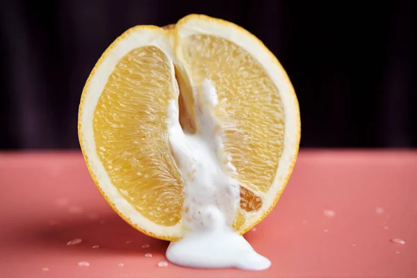 Half Orange Resulting Yogurt Erotic Concept Symbolic Image Vagina Sperm Fotografia De Stock