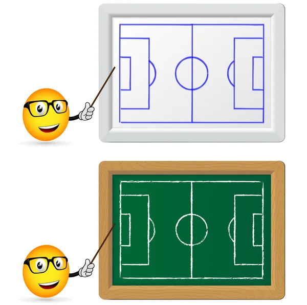 Blackboard en lattenbodems bord met voetbal leraar — Stockvector