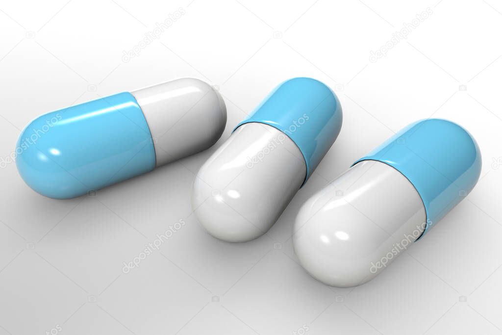 3 blue-white capsules on a white background.  Original or generic