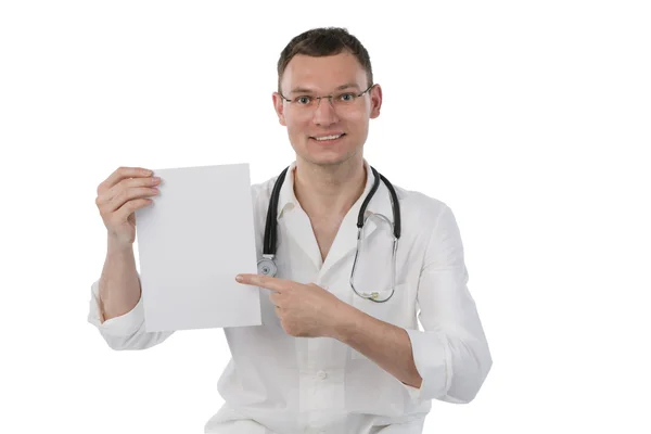 Doctor with banner on white background — Stock Photo, Image