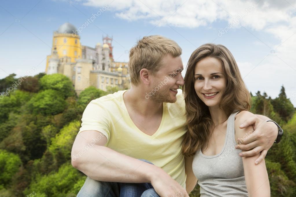 Young couple near Pena Palace in Sintra Portugal