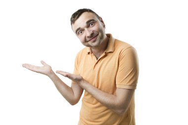 adam, bir kenara ürününüz için gösterir