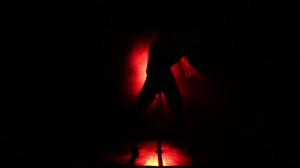 Piękna, młoda dziewczyna szczupła jest z tworzywa sztucznego biegun taniec w ciemności — Wideo stockowe
