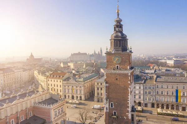 Rådhustornet Krakow Polen Flygfoto Ovanifrån Stora Torget Rynek Gwny Morgon — Stockfoto