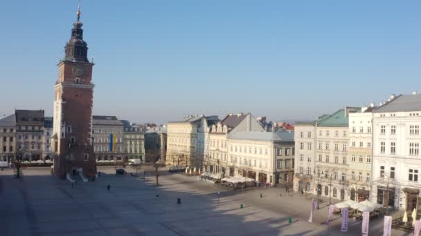 Belediye Binası Kulesi Krakw Polonya Havadan Çekilmiş Görüntüler Eski Şehir — Stok video