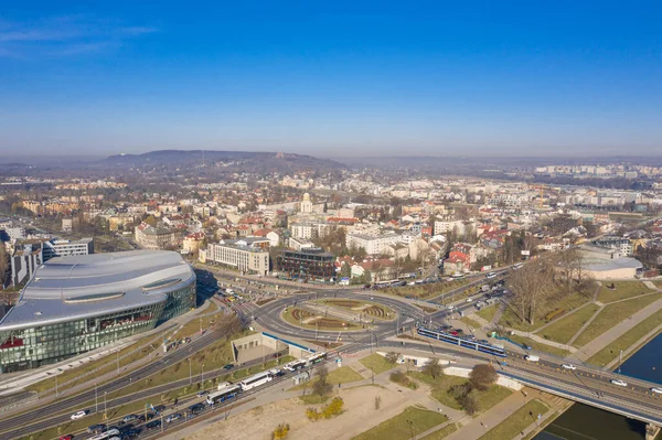 Krakow Polen Flygsynvinkel Krakow Congress Centre Grunwaldzki Bron Och Kyrkan — Stockfoto