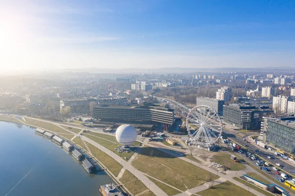 Flygfoto Turistattraktioner Krakow Polen Ballon Och Pariserhjul Från Panorama Morgonen — Stockfoto
