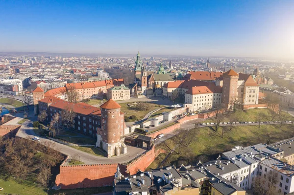 Flygfoto Till Wawel Slott Kullen Vacker Morgon Soluppgång Staden Panaramisk — Stockfoto