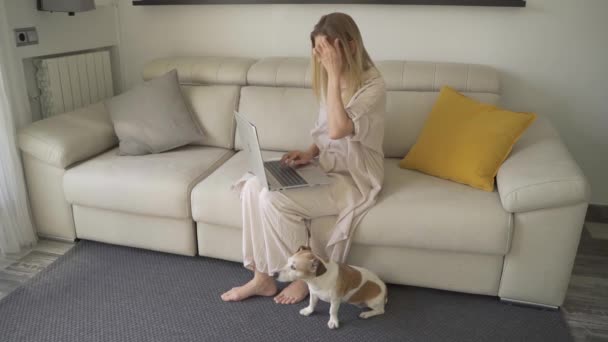 Mujer Rubia Sentada Sofá Beige Sala Estar Usando Pequeño Perro — Vídeos de Stock