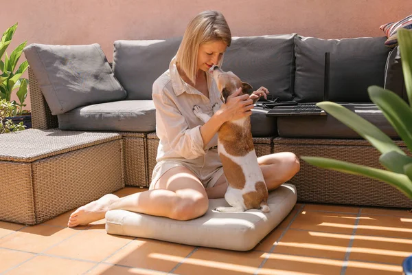 Blonde Woman Petting Hugging Small Dog Jack Russell Terrier Best — Zdjęcie stockowe