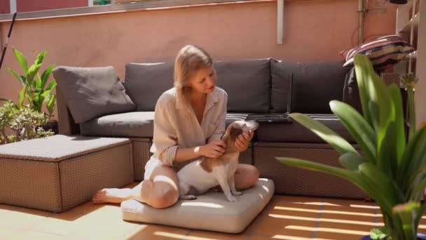 Blonde Woman Petting Hugging Small Senior Dog Jack Russell Terrier — Vídeos de Stock