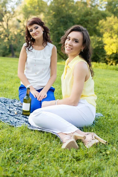 Two young pretty brunette girlfriends open a bottle of wine on the meadow during the picnic and sitting on the blanket. — Stock Photo, Image