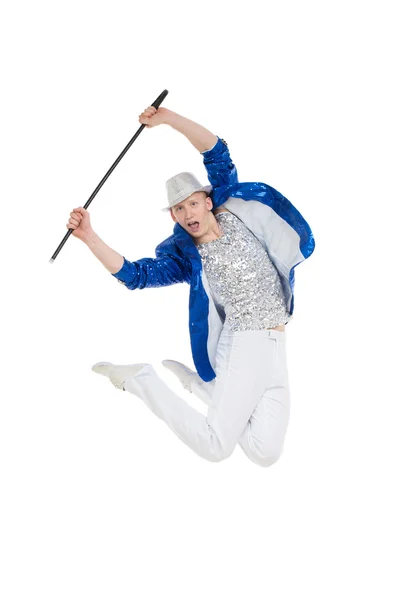 Man dancer in the blue sparkle suit and white trousers jumping. — Stock Photo, Image