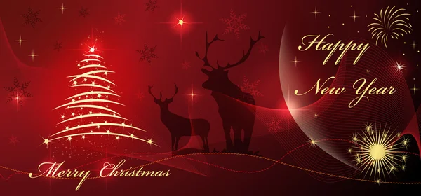 Рождество и счастливая новогодняя открытка с елкой и звездой на красном красивом фоне — стоковый вектор