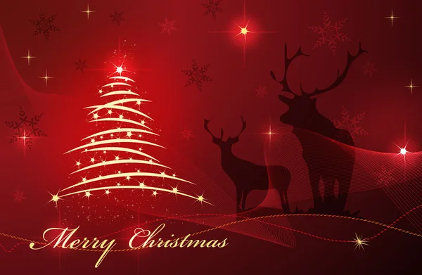 Kartu Natal dengan pohon dan bintang dengan latar belakang merah yang indah - Stok Vektor