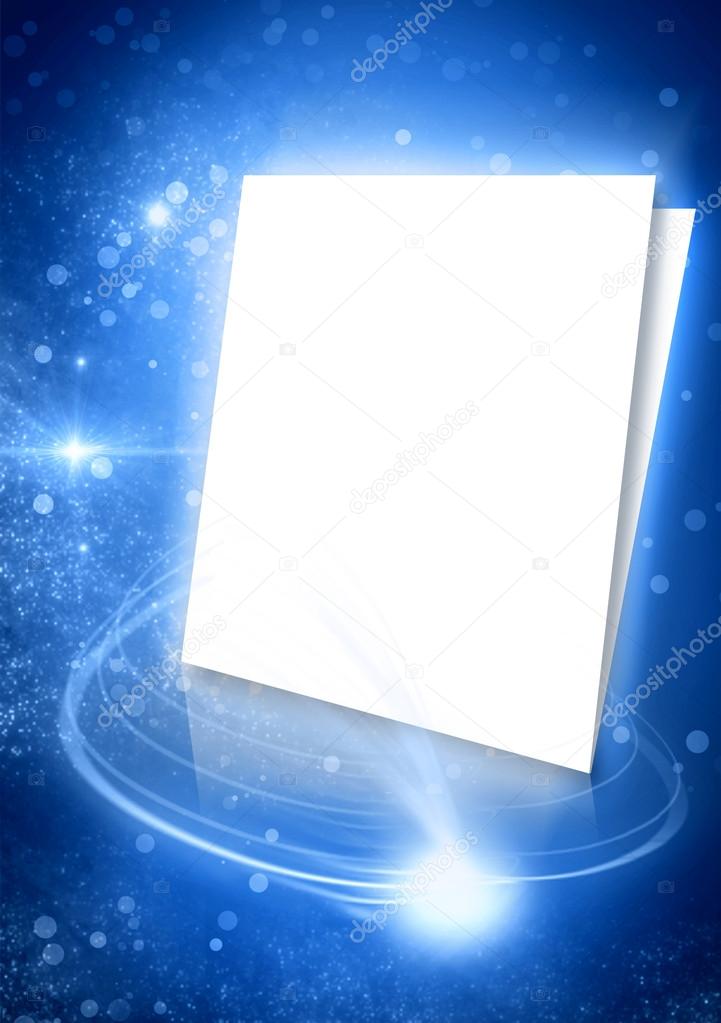 Blue background with white pages paper and beautiful rays of light. Stars and glows space.