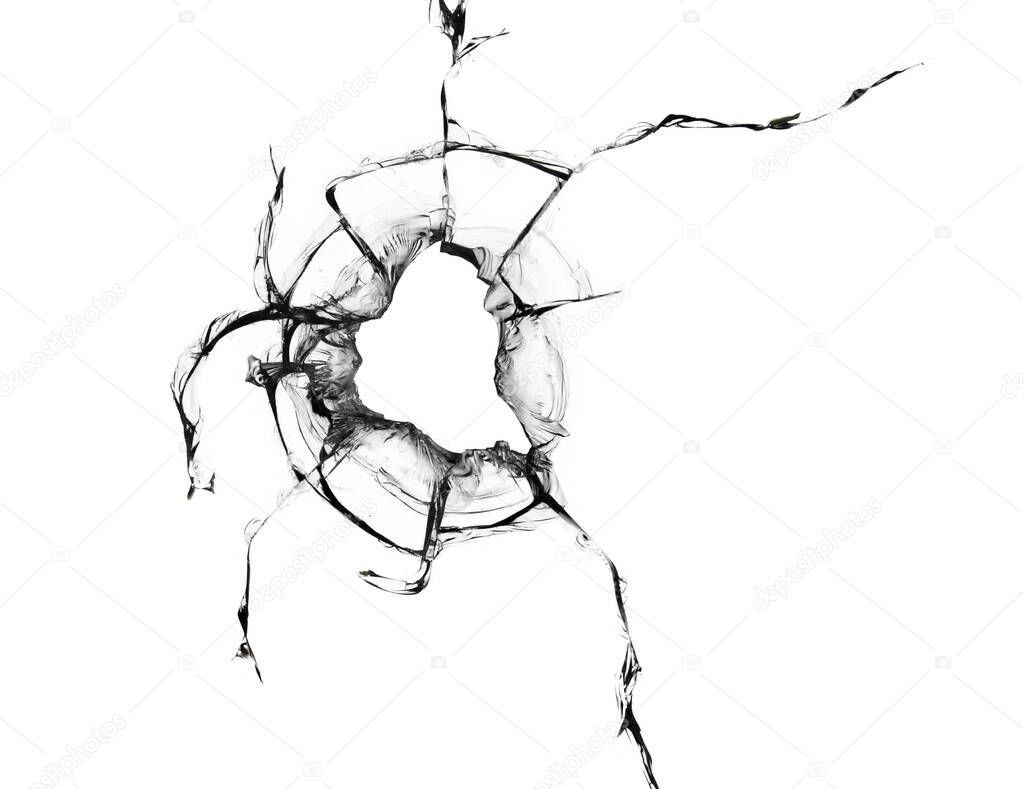 Texture of cracked broken glass on a white background