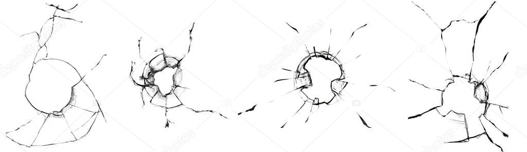 Broken glass, cracked isolated texture set on white background