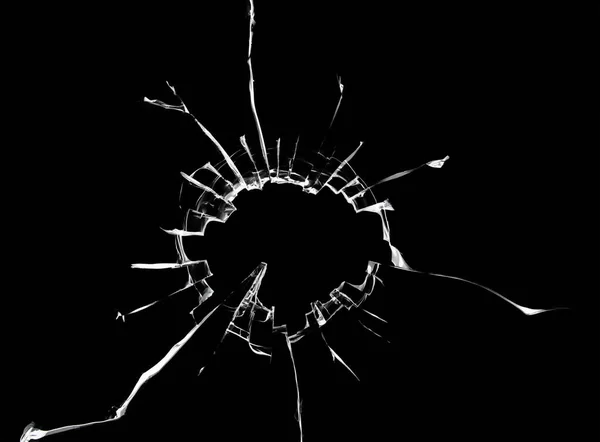 Texture Cracks Window Broken Glass Hole Black Background — Stock Photo, Image