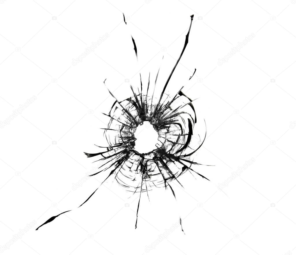 The effect of cracks from a bullet in the glass. The web of a cracked window from damage